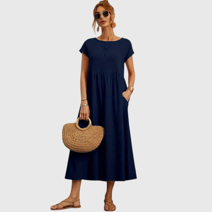 Women's Casual Midi Dress Pockets | Short Sleeve, Round Neck, Everyday Wear