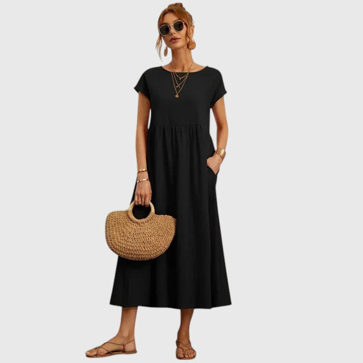 Women's Casual Midi Dress Pockets | Short Sleeve, Round Neck, Everyday Wear
