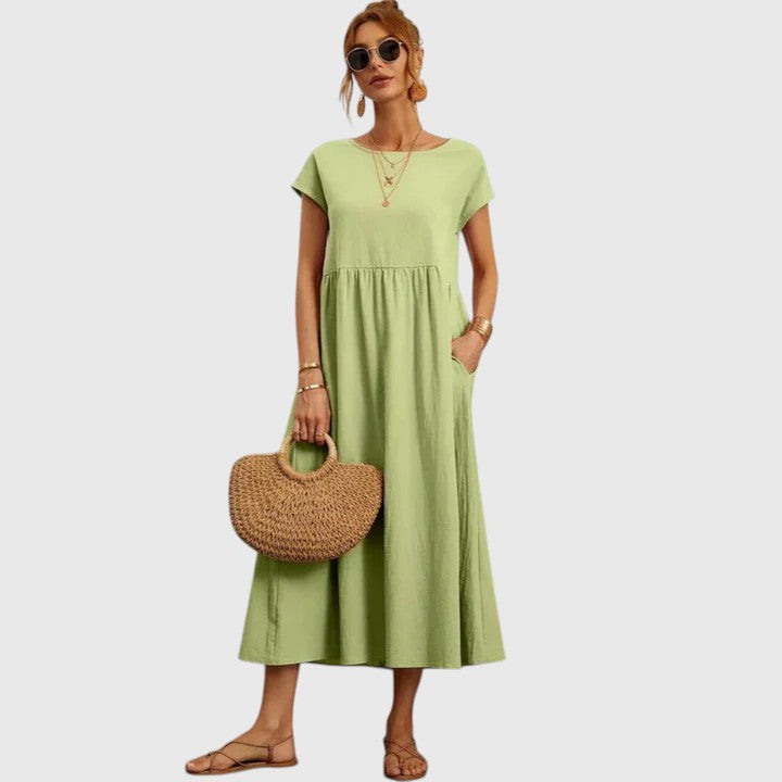 Women's Casual Midi Dress Pockets | Short Sleeve, Round Neck, Everyday Wear