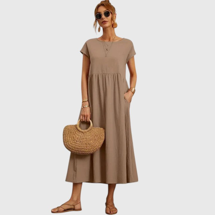 Women's Casual Midi Dress Pockets | Short Sleeve, Round Neck, Everyday Wear