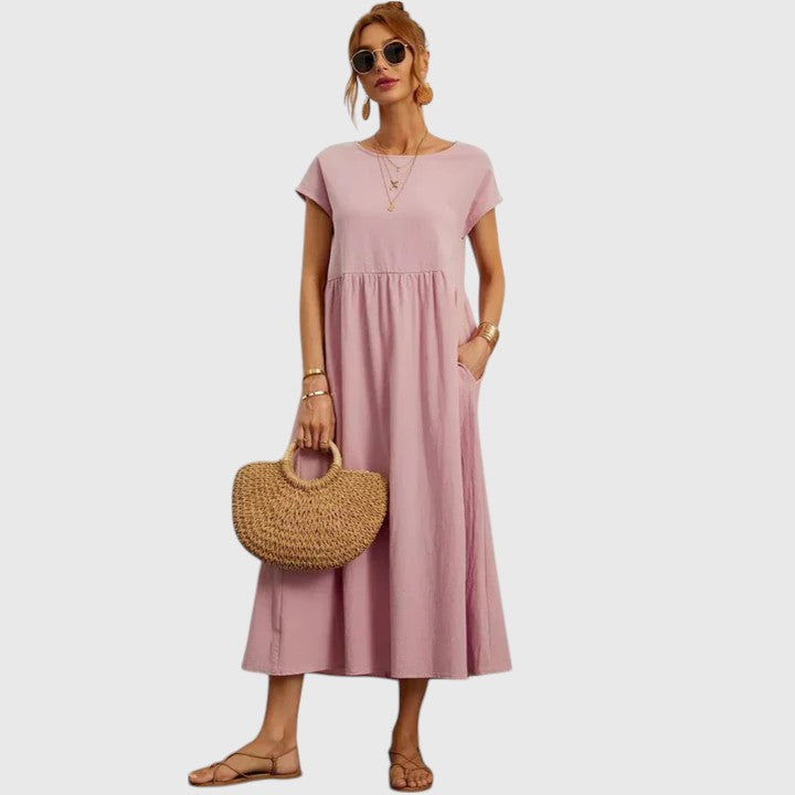 Women's Casual Midi Dress Pockets | Short Sleeve, Round Neck, Everyday Wear