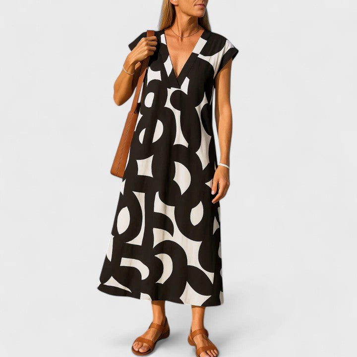 Women's V-Neck Print Dress | Short Sleeve, Casual, Elegant