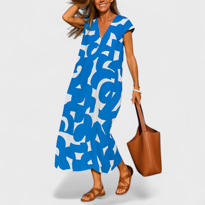 Women's V-Neck Print Dress | Short Sleeve, Casual, Elegant
