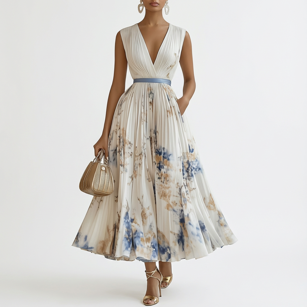 Women's Midi V-Neck Flared Dress with Pockets