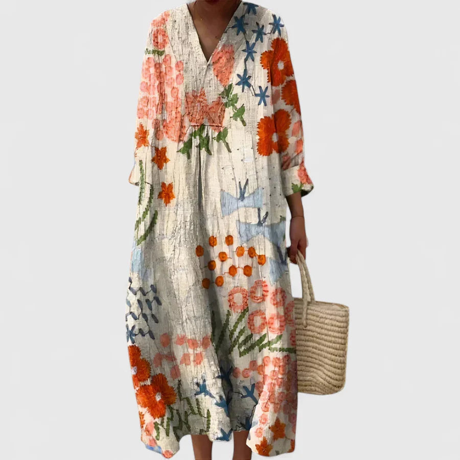 Women's Floral Summer Dress Relaxed Fit V-Neck Short Sleeve Casual