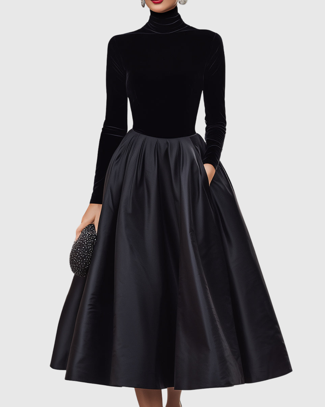 Women's Midi Dress High Neck Velvet Satin Elegant Evening Wear