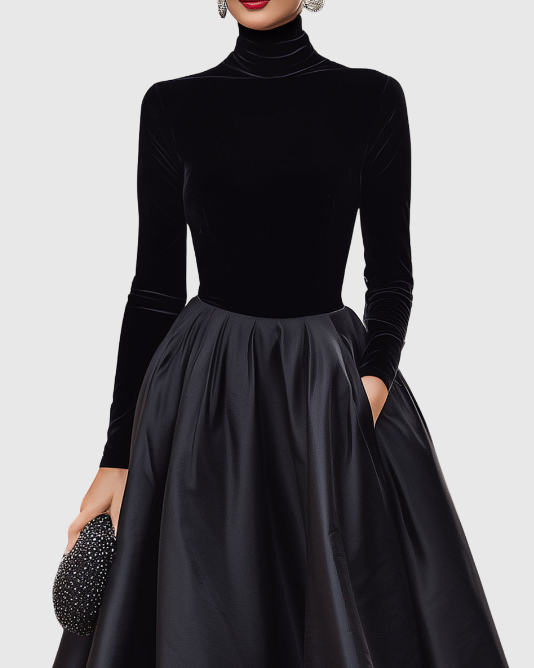 Women's Midi Dress High Neck Velvet Satin Elegant Evening Wear