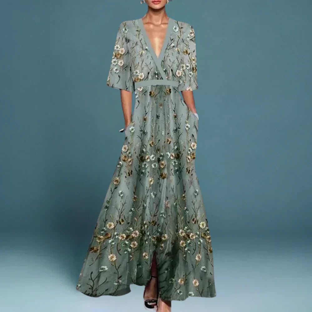 Women's Floral Maxi Dress Lightweight Soft V-Neck Long Sleeve Casual