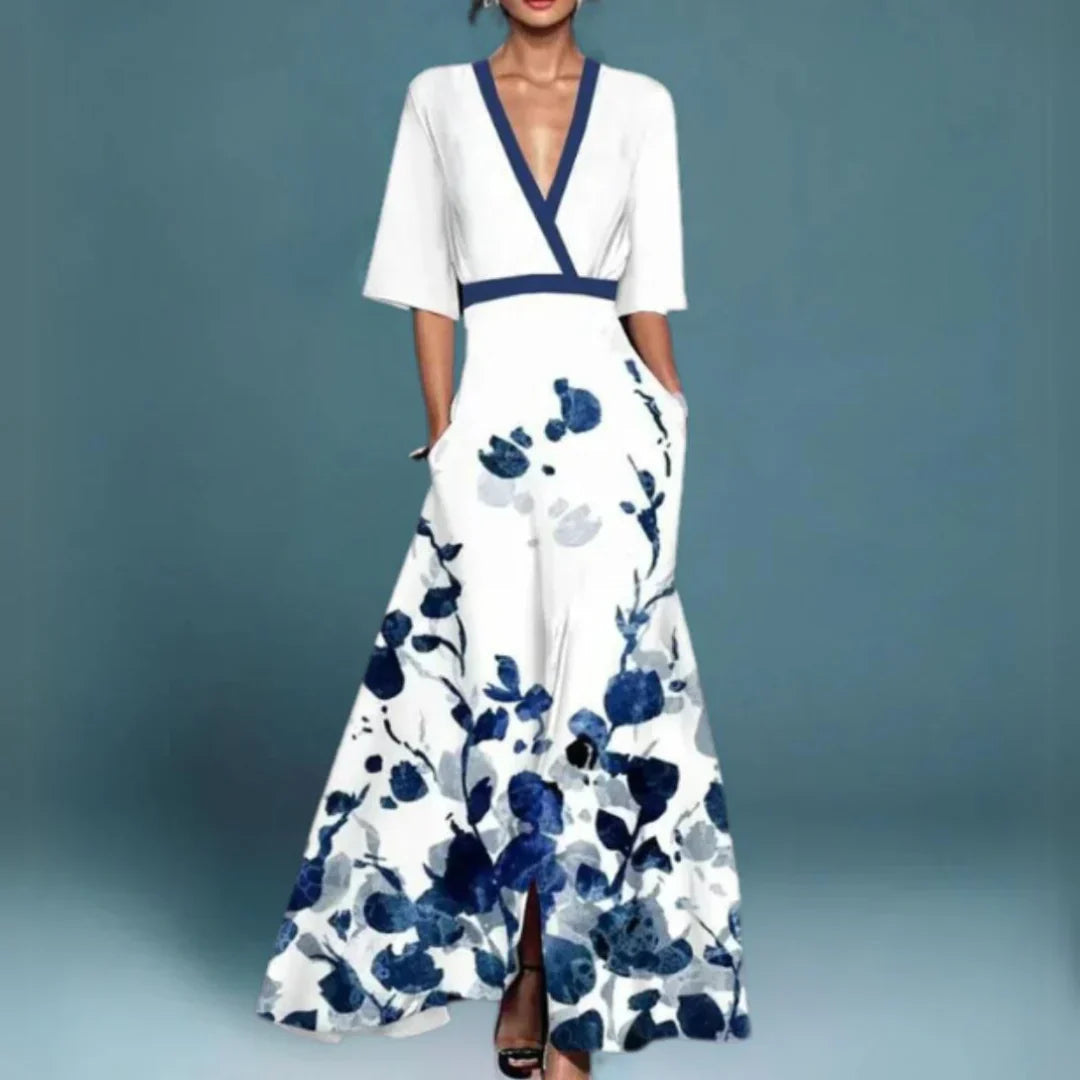 Women's Floral Maxi Dress Lightweight Soft V-Neck Long Sleeve Casual