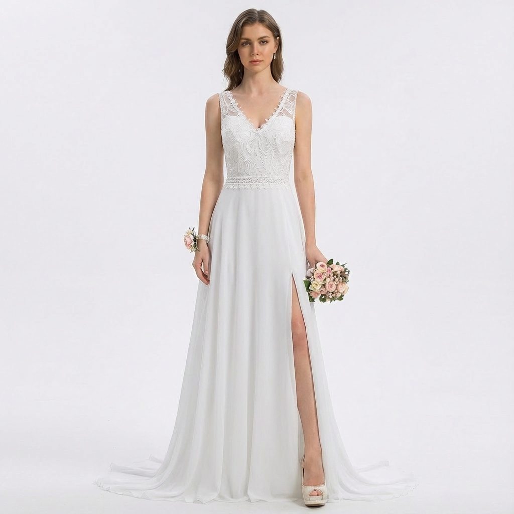 Women's Maxi Dress Lace V-Neck Side Slit