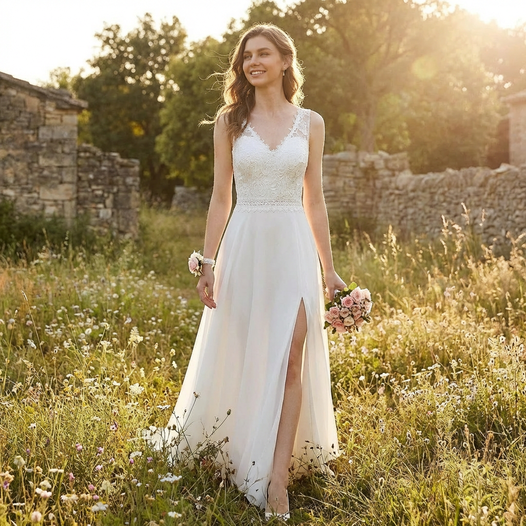 Women's Maxi Dress Lace V-Neck Side Slit