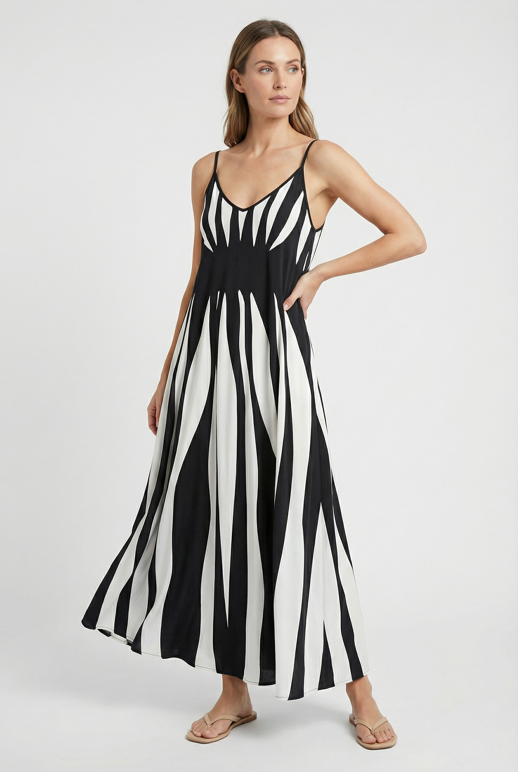 Women's Maxi Dress V-Neck Vertical Stripes Lightweight Summer