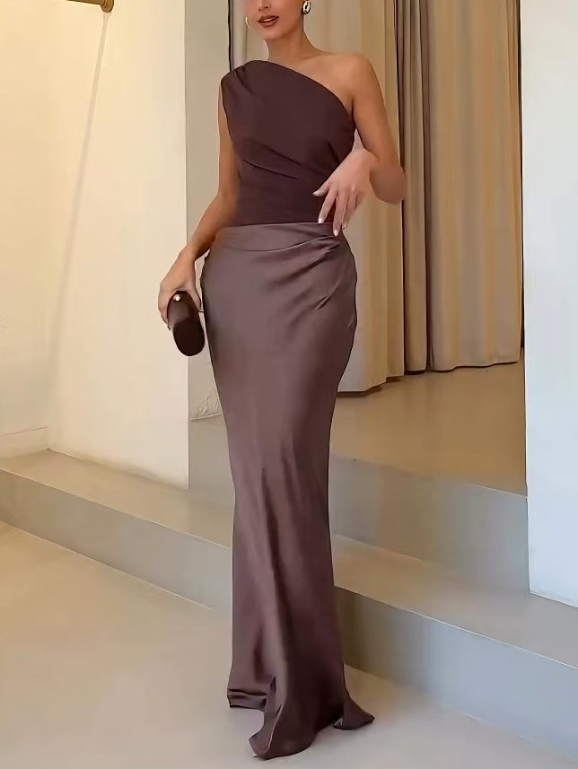 Women's Maxi Dress One Shoulder Pleated Long Length
