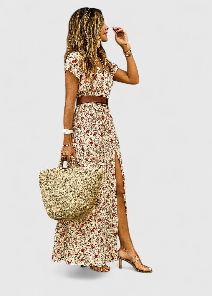 Women's Maxi Dress Boho Style Gathered Waistband Long Sleeve Casual