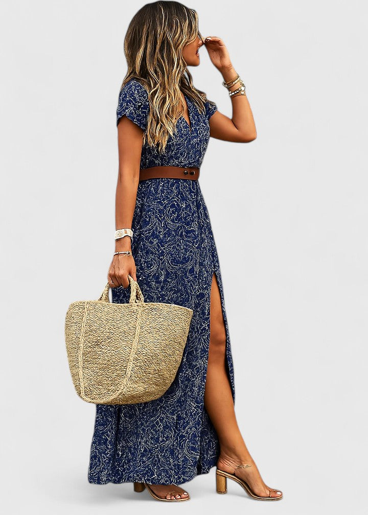 Women's Maxi Dress Boho Style Gathered Waistband Long Sleeve Casual