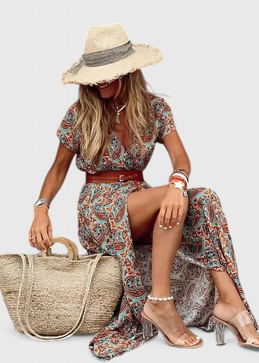 Women's Maxi Dress Boho Style Gathered Waistband Long Sleeve Casual