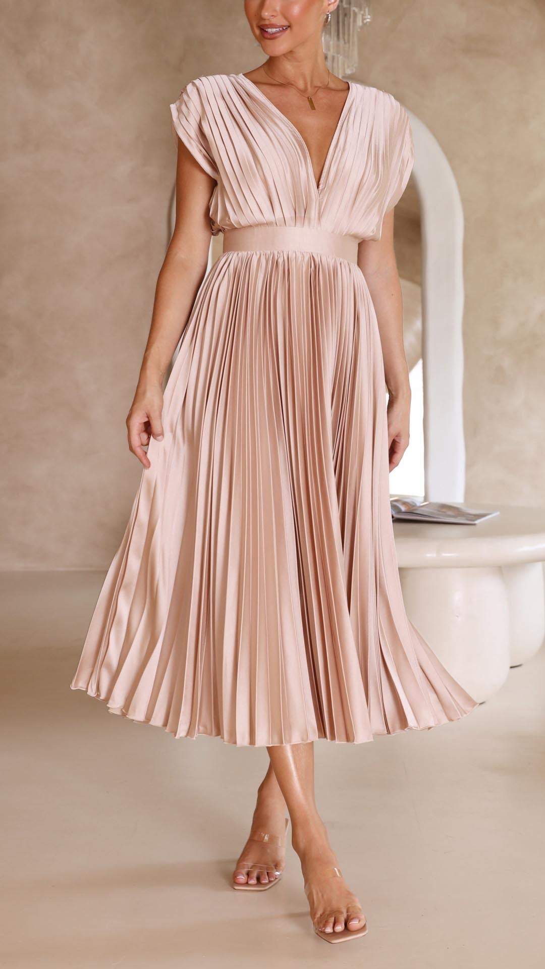 Women's Maxi Dress Pleated V-Neck Long Sleeve Casual