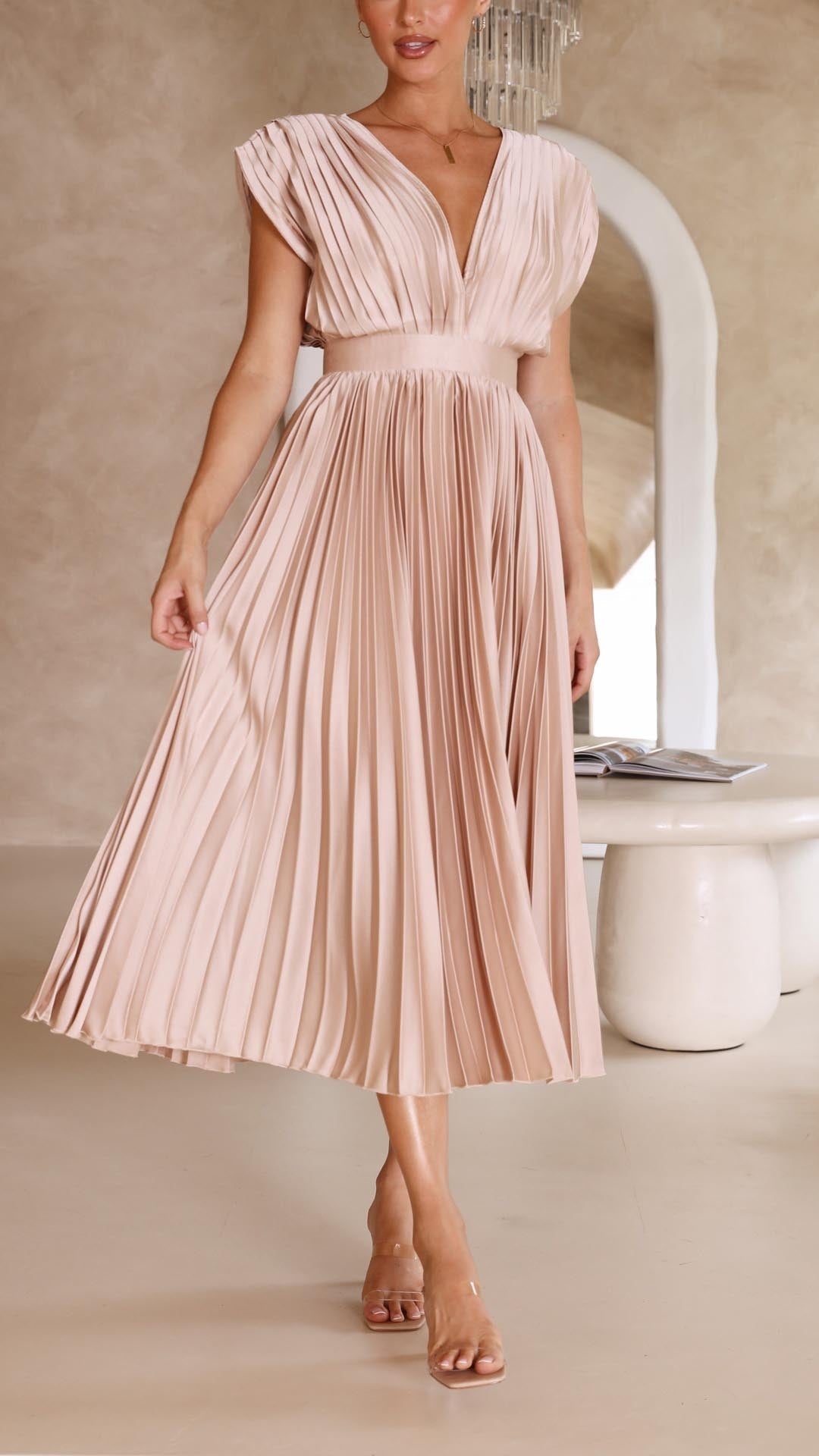 Women's Maxi Dress Pleated V-Neck Long Sleeve Casual