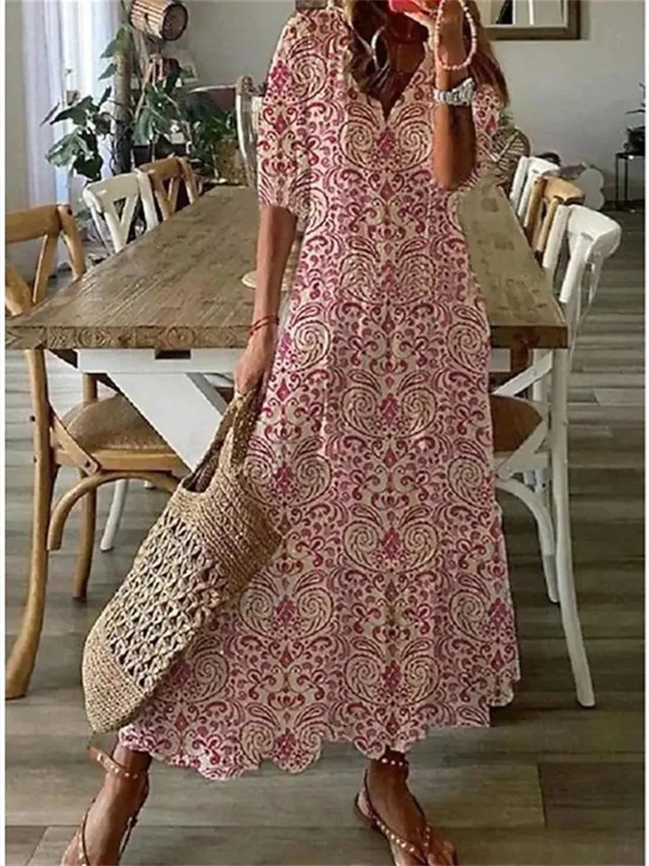 Women's Floral Maxi Dress V-Neck A-Line Summer Casual