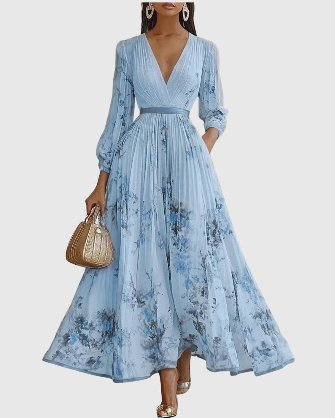 Women's Floral Maxi Dress V-Neck Long Sleeve