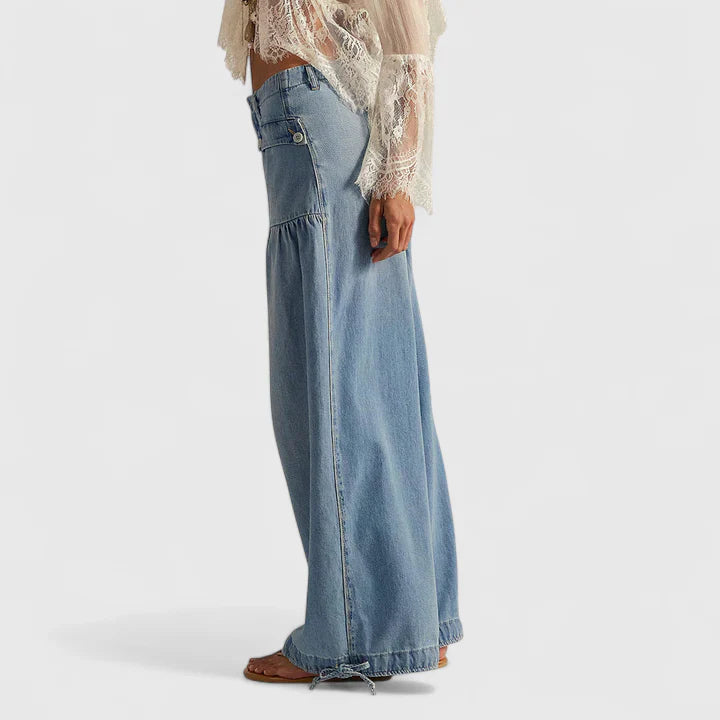 Women's Pants Wide Leg Design Double Pleated Pockets Lightweight Fabric Casual