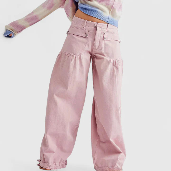 Women's Pants Wide Leg Design Double Pleated Pockets Lightweight Fabric Casual