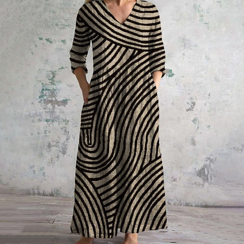 Women's Vintage Stripe Dress Short Sleeve Pockets Casual