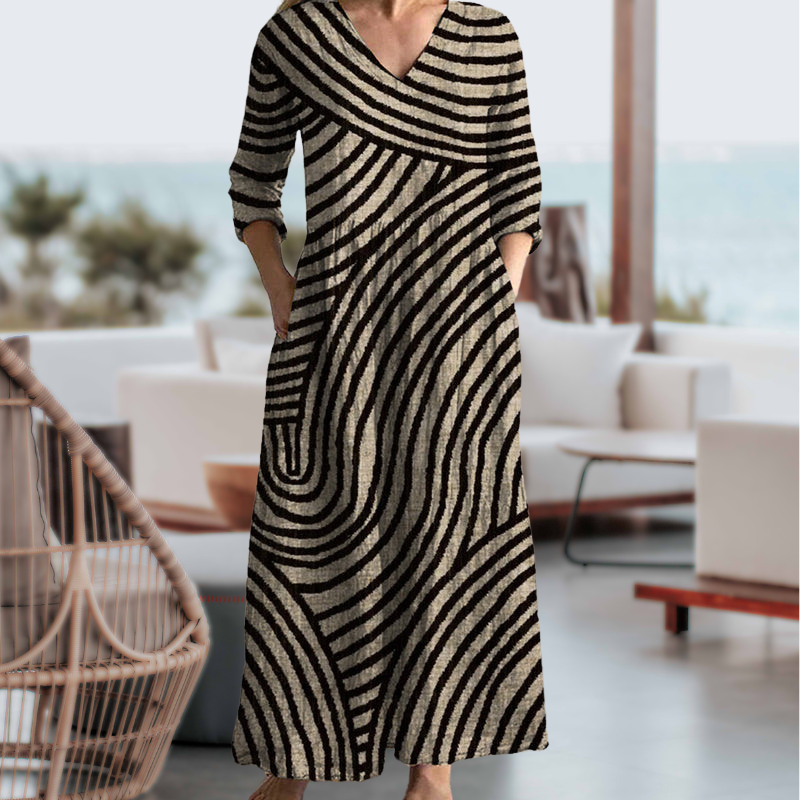 Women's Vintage Stripe Dress Short Sleeve Pockets Casual