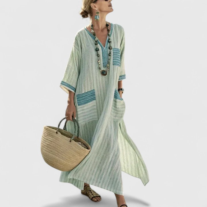 Women's Bohemian Maxi Dress V-Neck Pockets