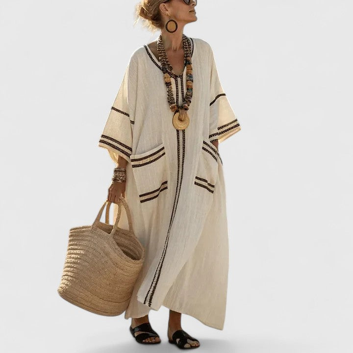 Women's Bohemian Maxi Dress V-Neck Pockets