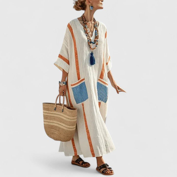 Women's Bohemian Maxi Dress V-Neck Pockets