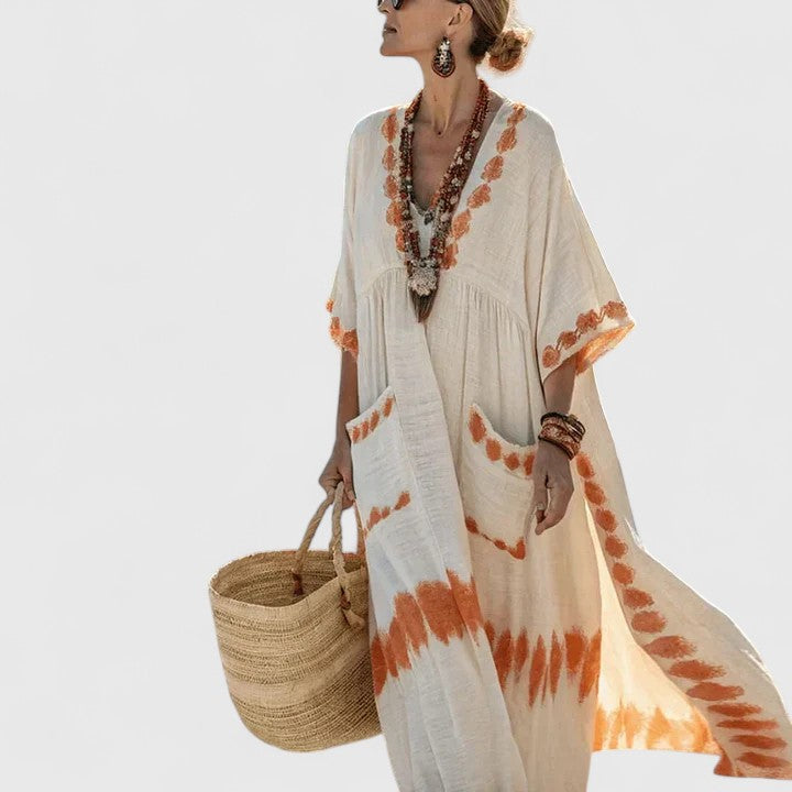 Women's Bohemian Maxi Dress V-Neck Pockets