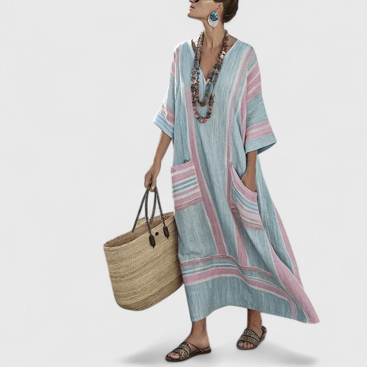 Women's Bohemian Maxi Dress V-Neck Pockets