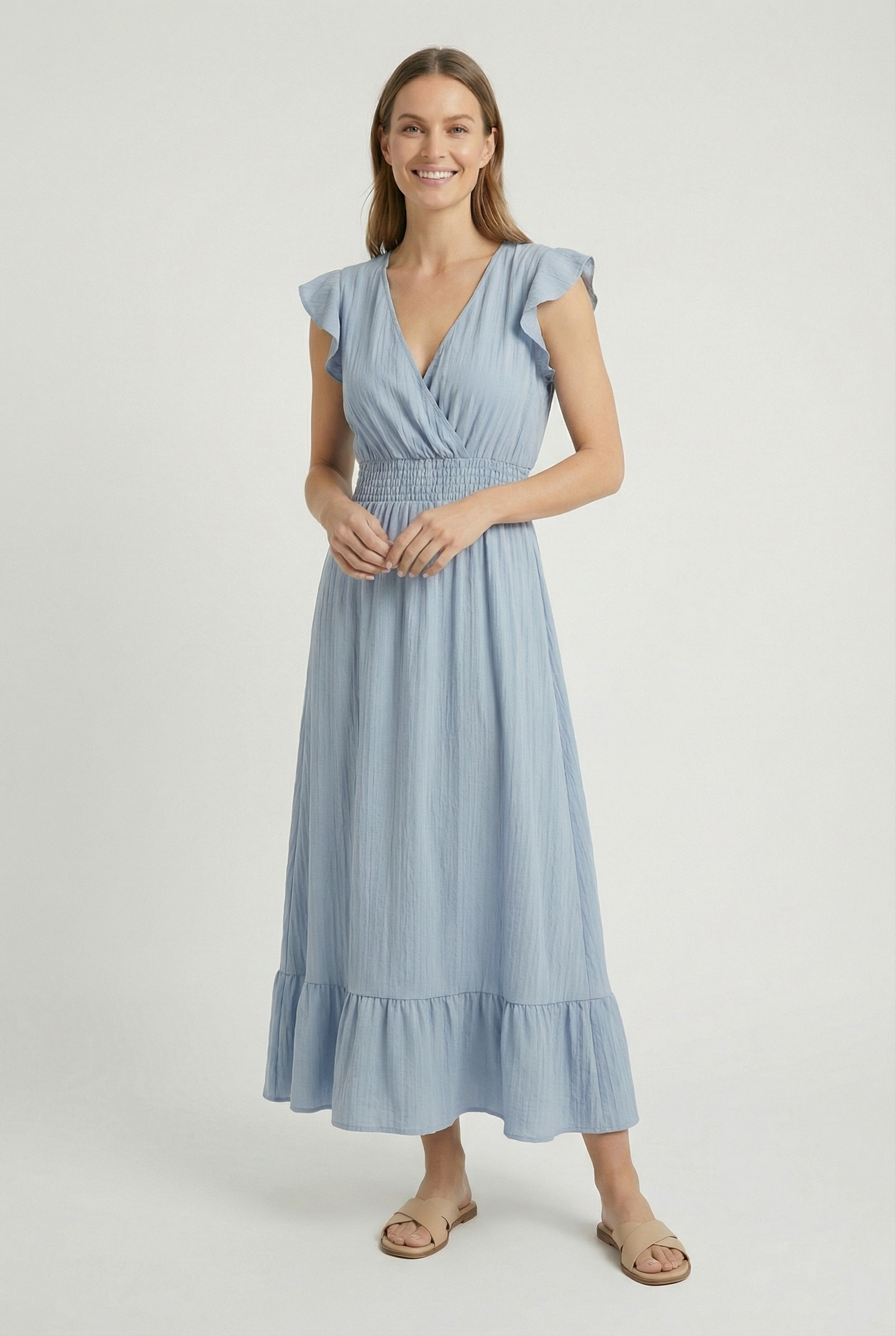 Women's A-Line Dress Deep V-Neck Ruffled Sleeves Cotton-Polyester Blend Formal Dress