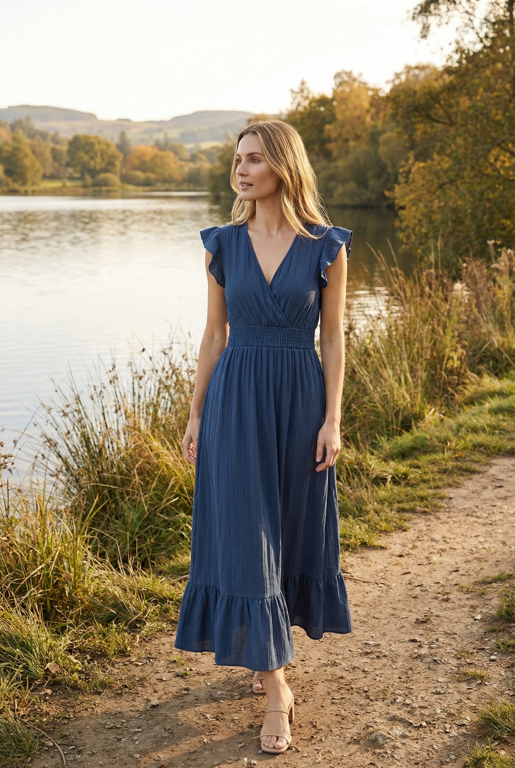 Women's A-Line Dress Deep V-Neck Ruffled Sleeves Cotton-Polyester Blend Formal Dress