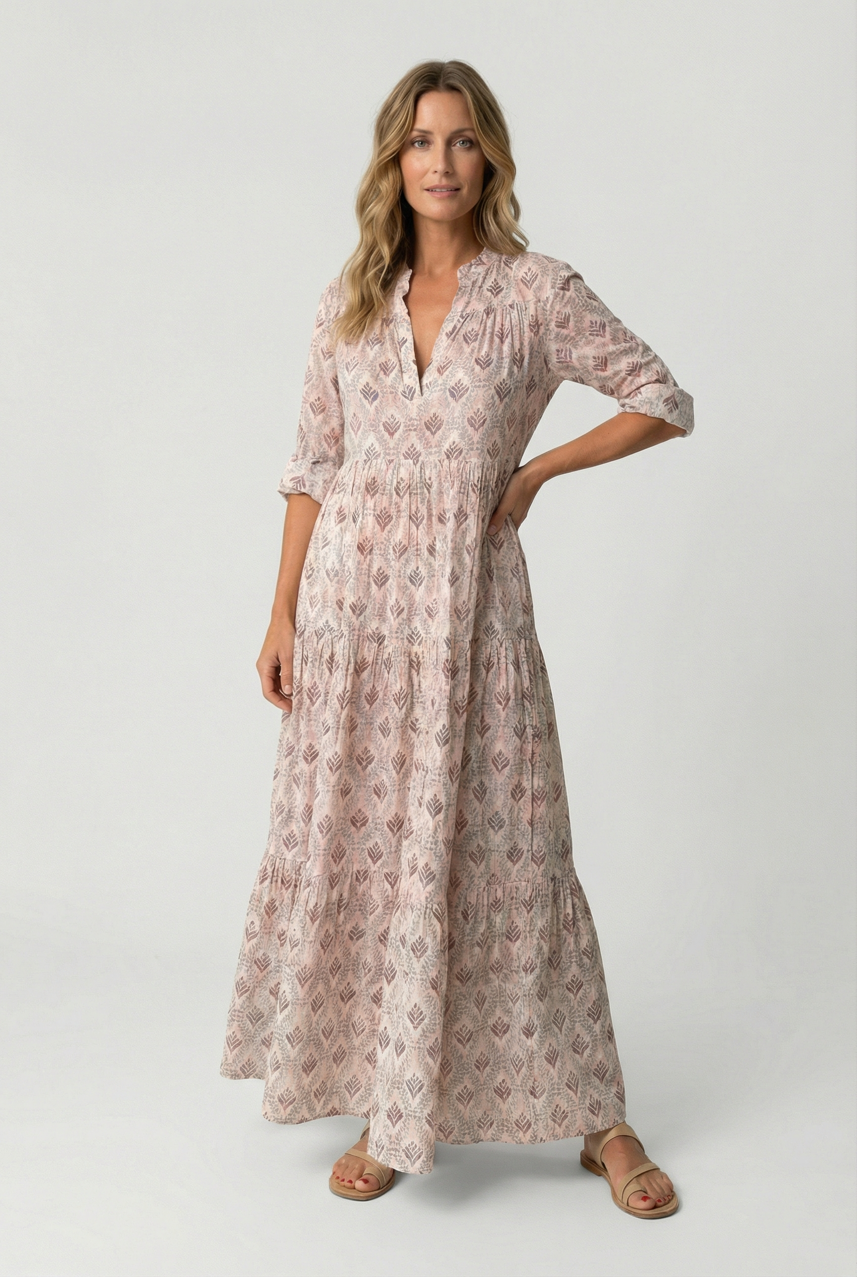 Women's Casual Dress V-Neck 3/4 Sleeve Vintage Print Cotton Summer Dress
