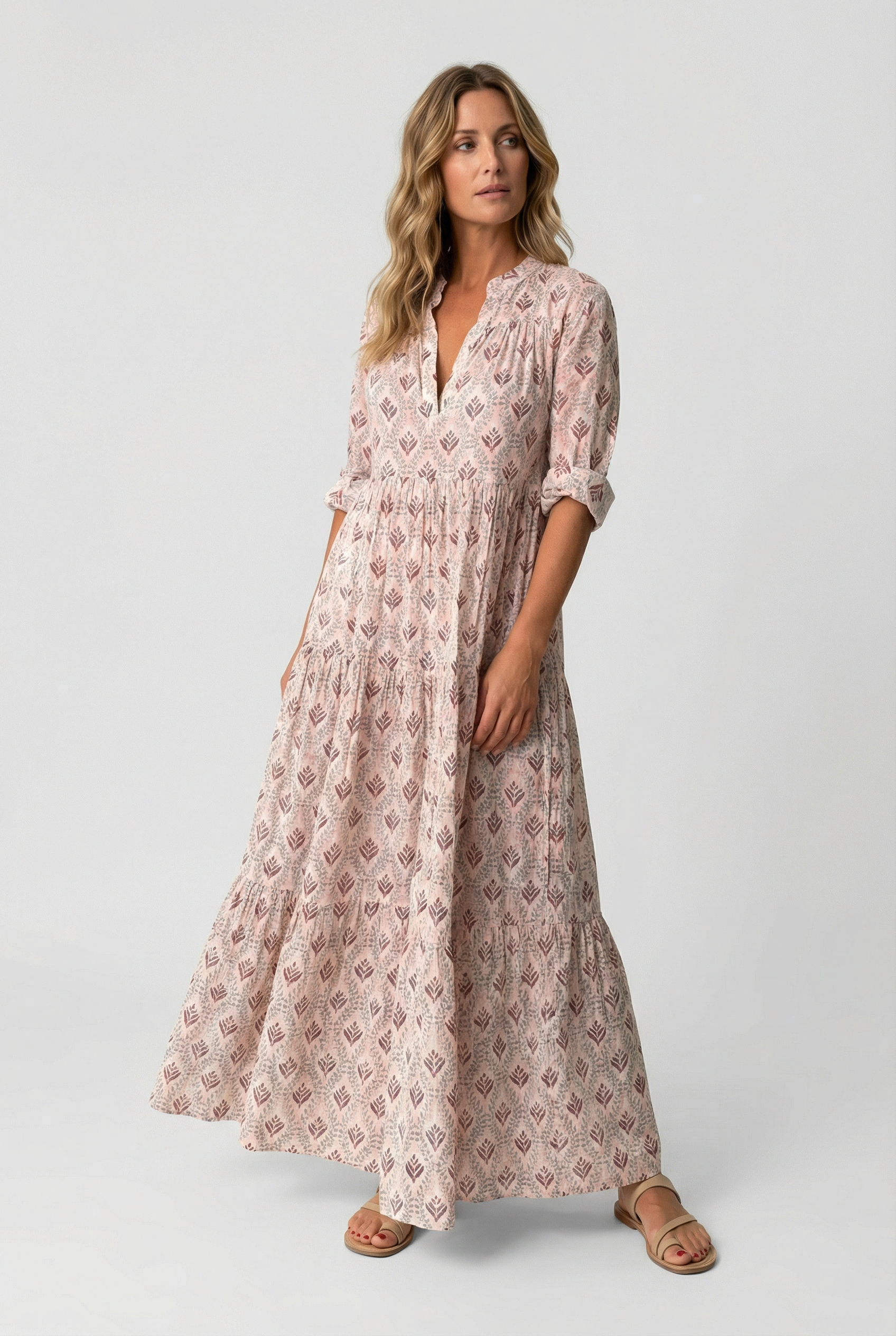 Women's Casual Dress V-Neck 3/4 Sleeve Vintage Print Cotton Summer Dress