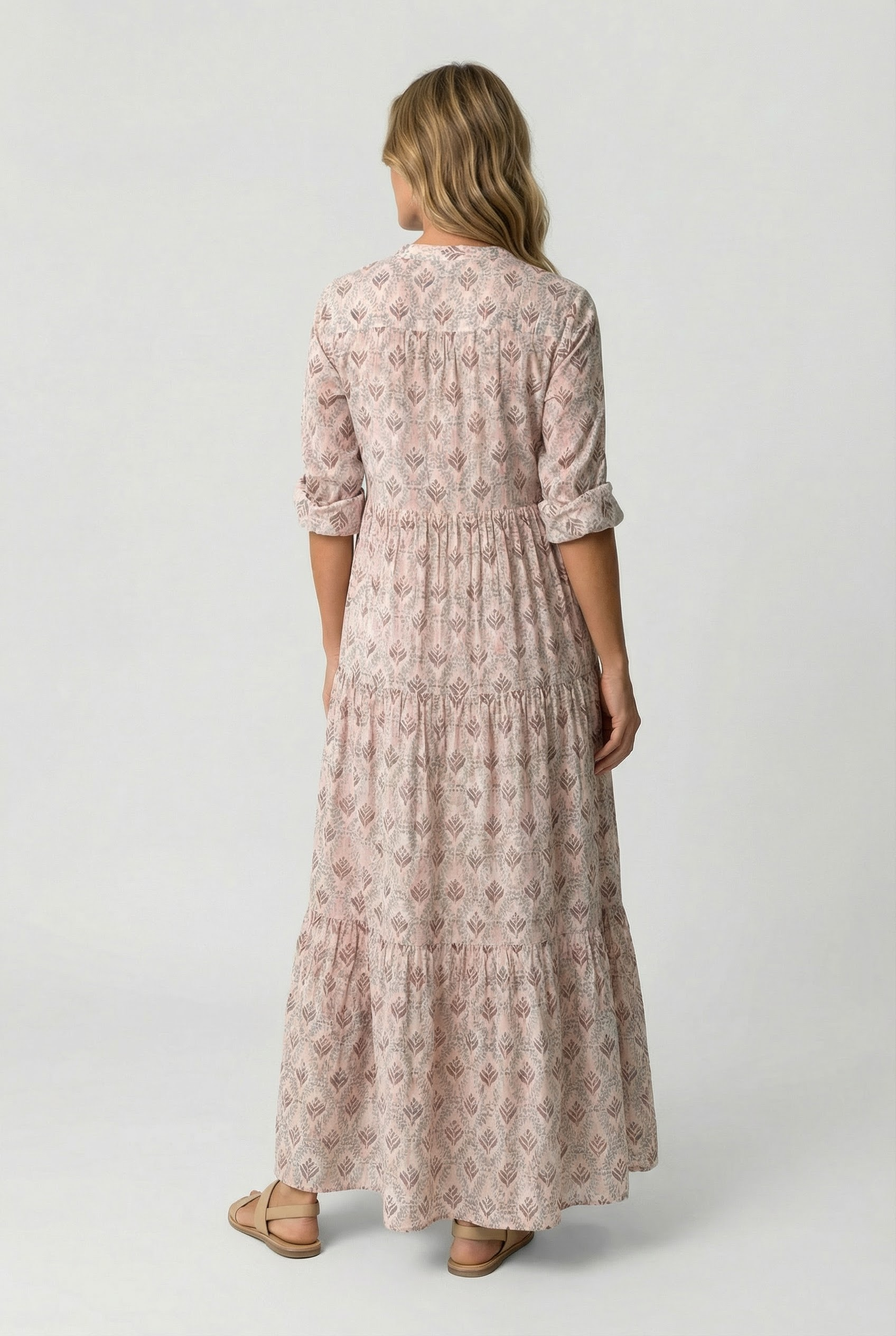 Women's Casual Dress V-Neck 3/4 Sleeve Vintage Print Cotton Summer Dress