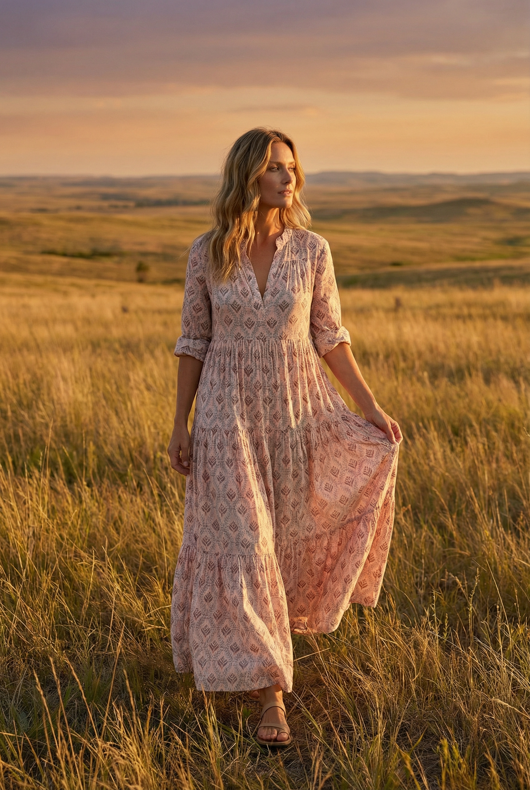 Women's Casual Dress V-Neck 3/4 Sleeve Vintage Print Cotton Summer Dress