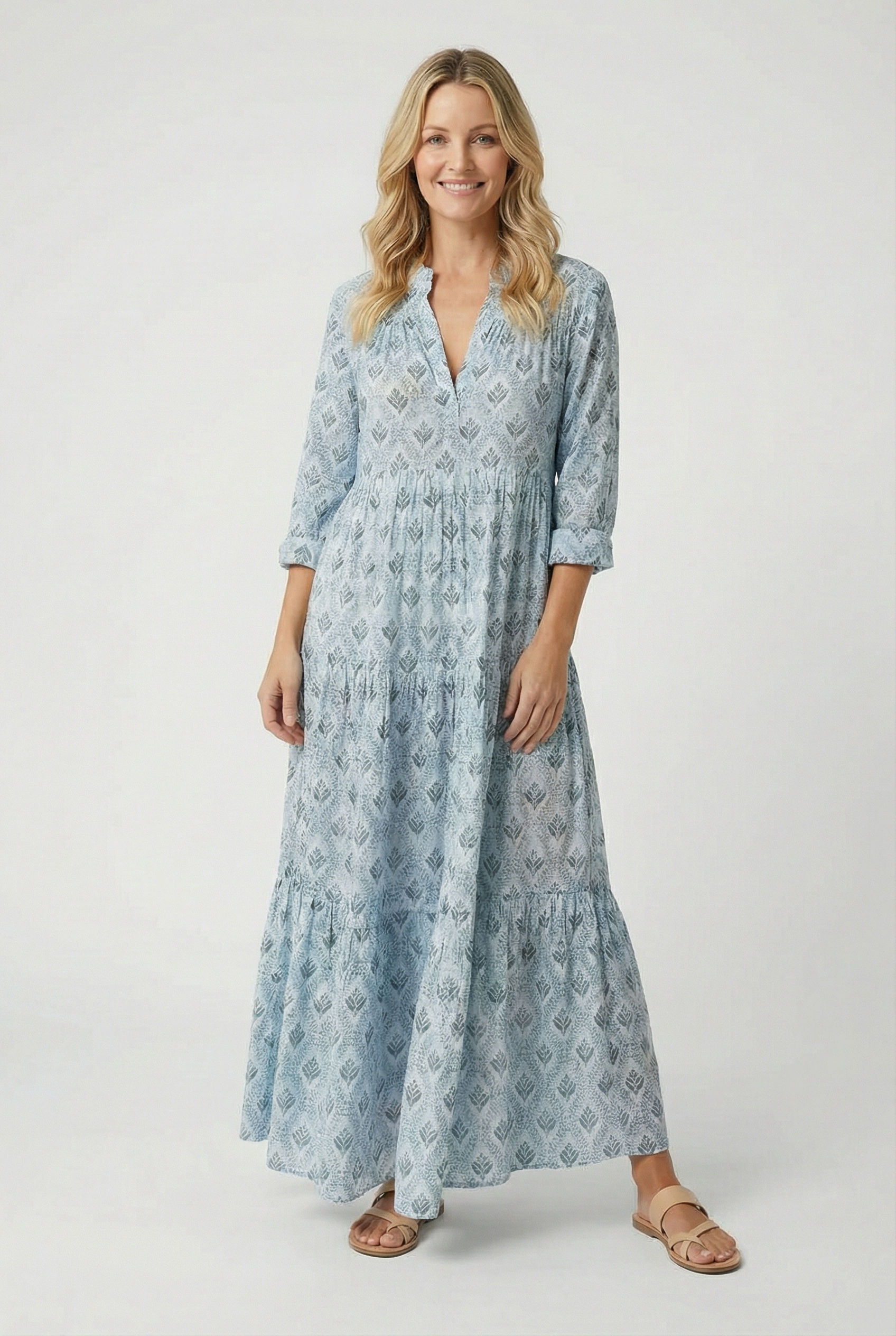 Women's Casual Dress V-Neck 3/4 Sleeve Vintage Print Cotton Summer Dress