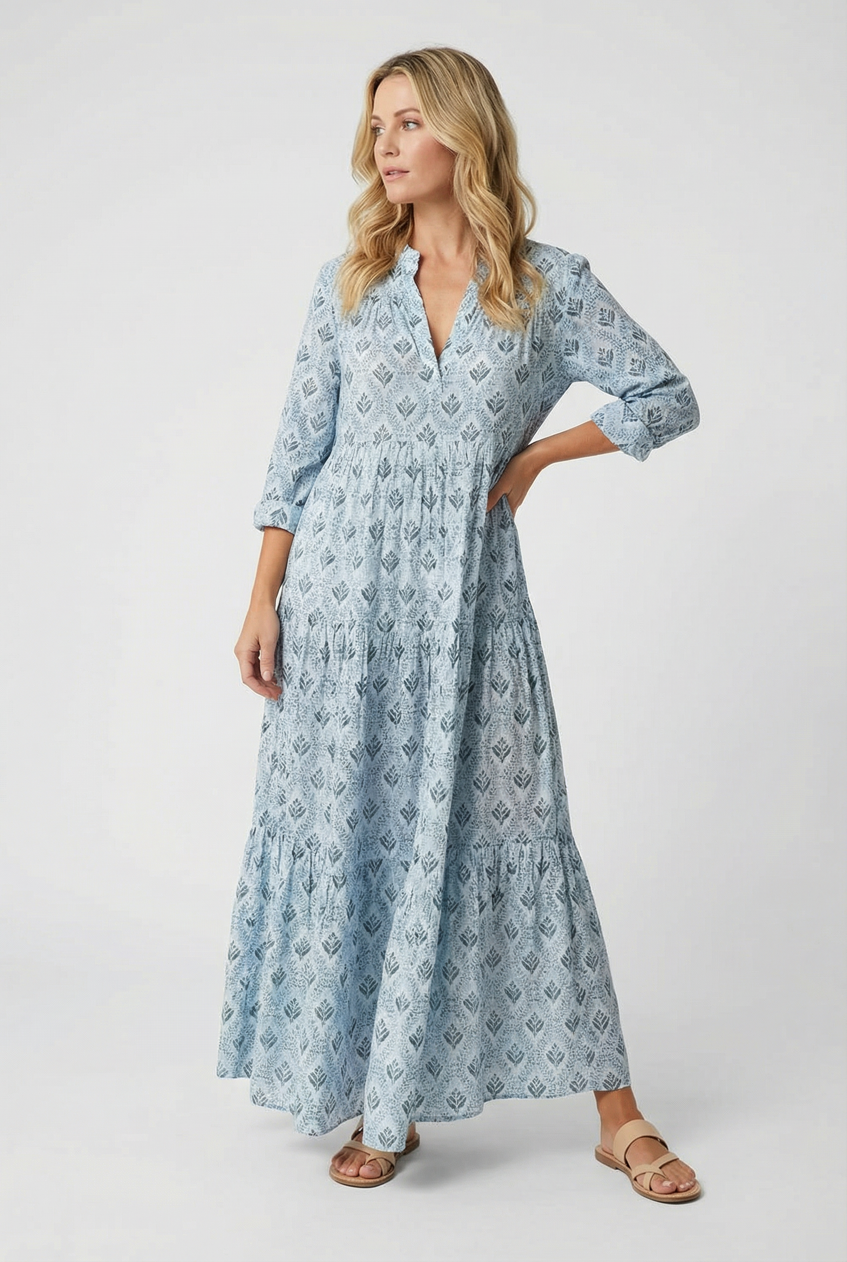 Women's Casual Dress V-Neck 3/4 Sleeve Vintage Print Cotton Summer Dress