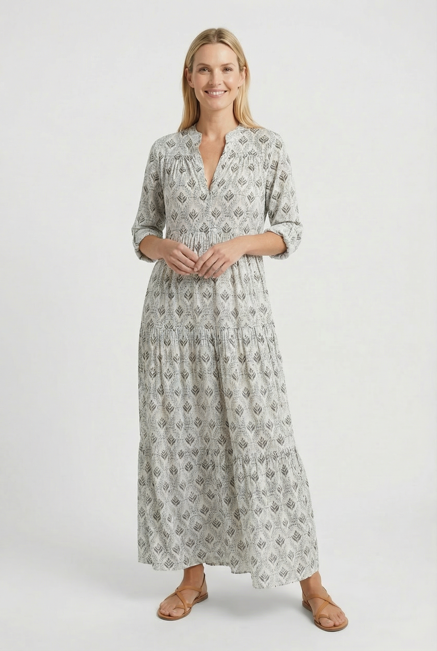 Women's Casual Dress V-Neck 3/4 Sleeve Vintage Print Cotton Summer Dress
