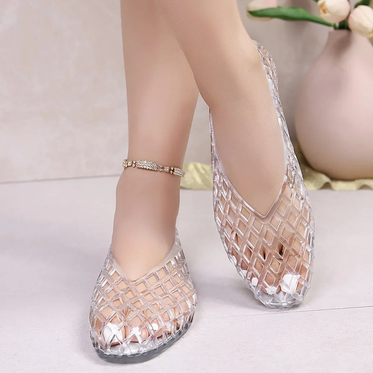 Women's Woven Jelly Flat Shoes Cut-Out Diamond Pattern Casual Footwear