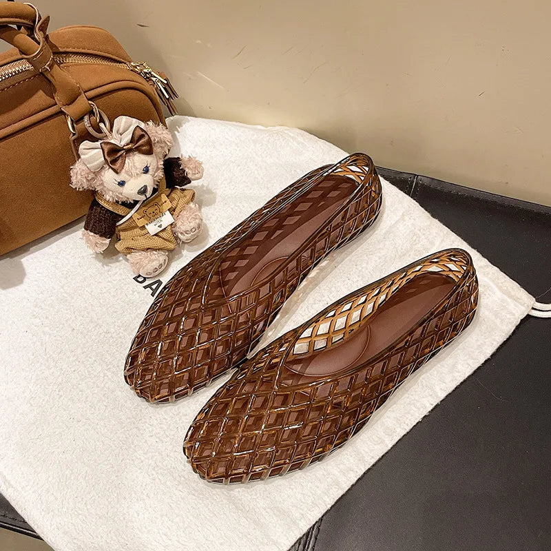Women's Woven Jelly Flat Shoes Cut-Out Diamond Pattern Casual Footwear