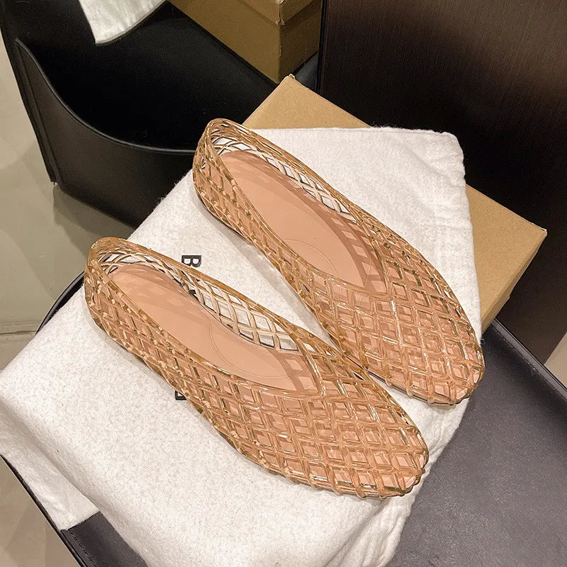 Women's Woven Jelly Flat Shoes Cut-Out Diamond Pattern Casual Footwear