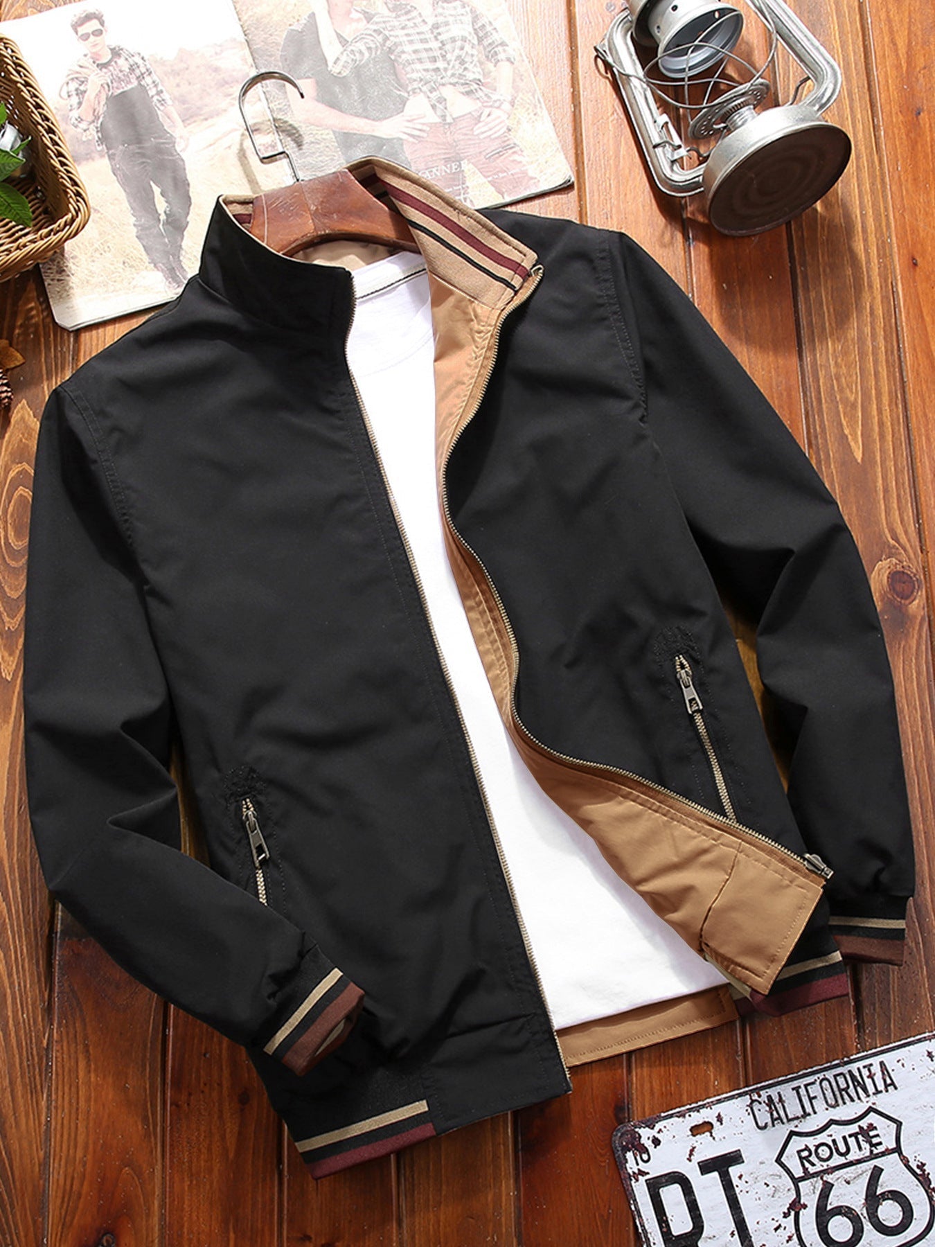 Men's Sports Jacket with High Collar and Reversible Double Side
