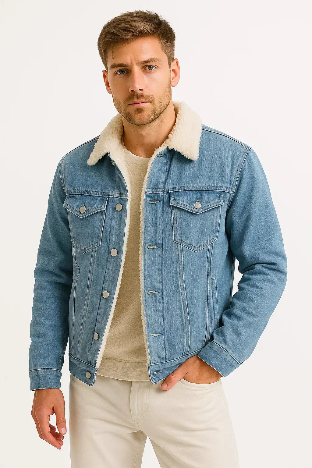 Fleece-Lined Denim Jacket with Sherpa Collar for Men