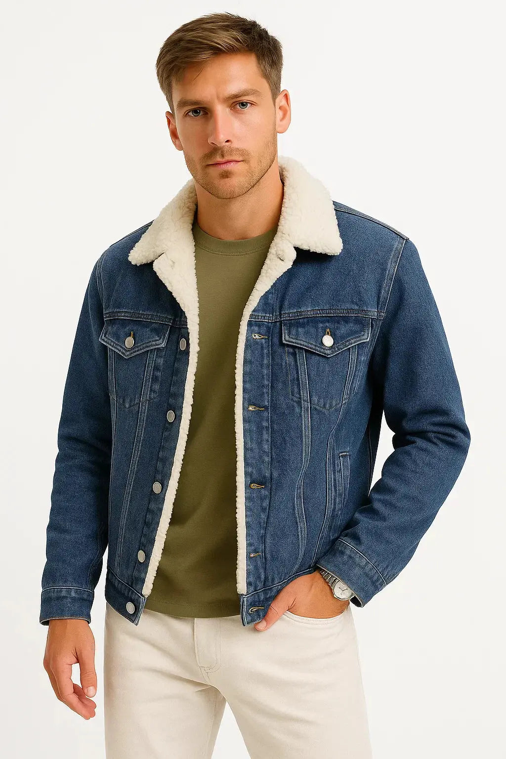 Fleece-Lined Denim Jacket with Sherpa Collar for Men