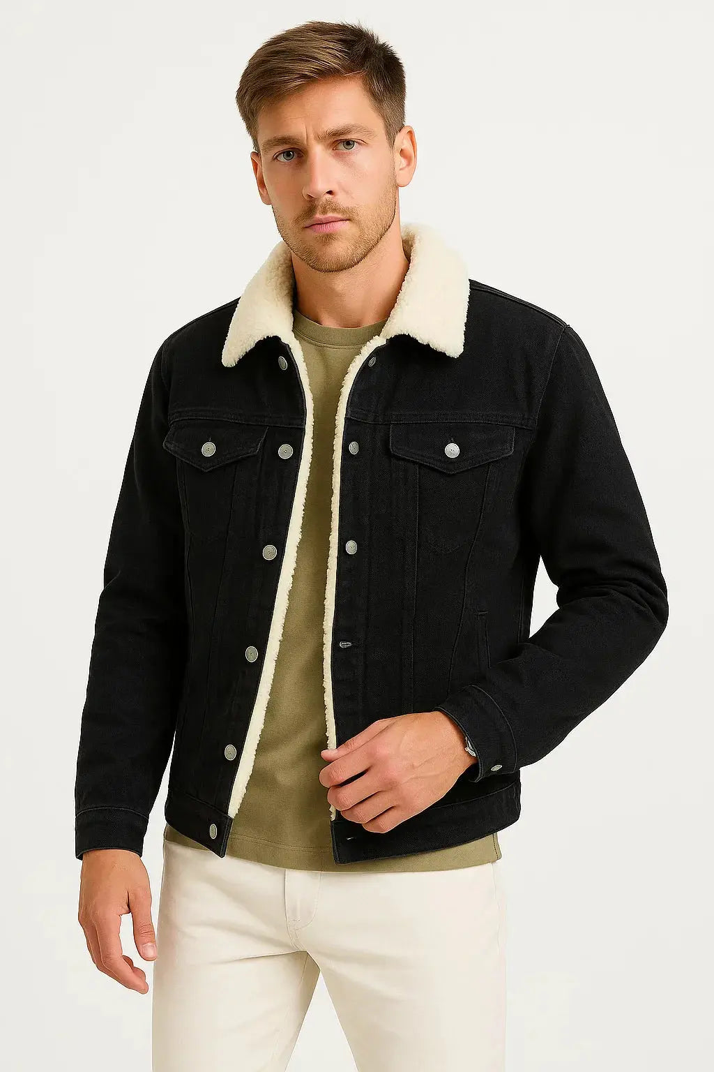 Fleece-Lined Denim Jacket with Sherpa Collar for Men