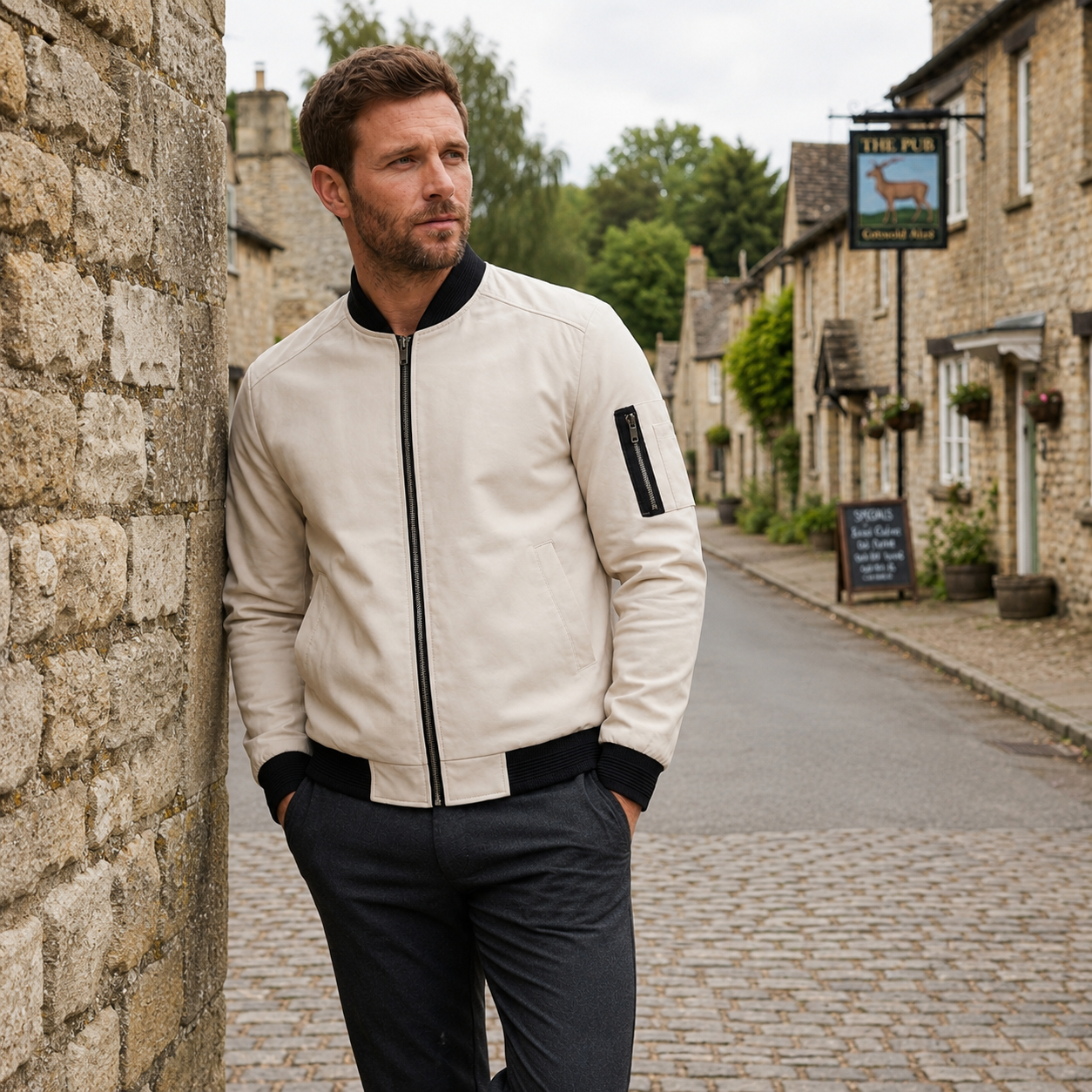 Men's fitted ecru bomber jacket with zipped sleeve pocket – close-up detail